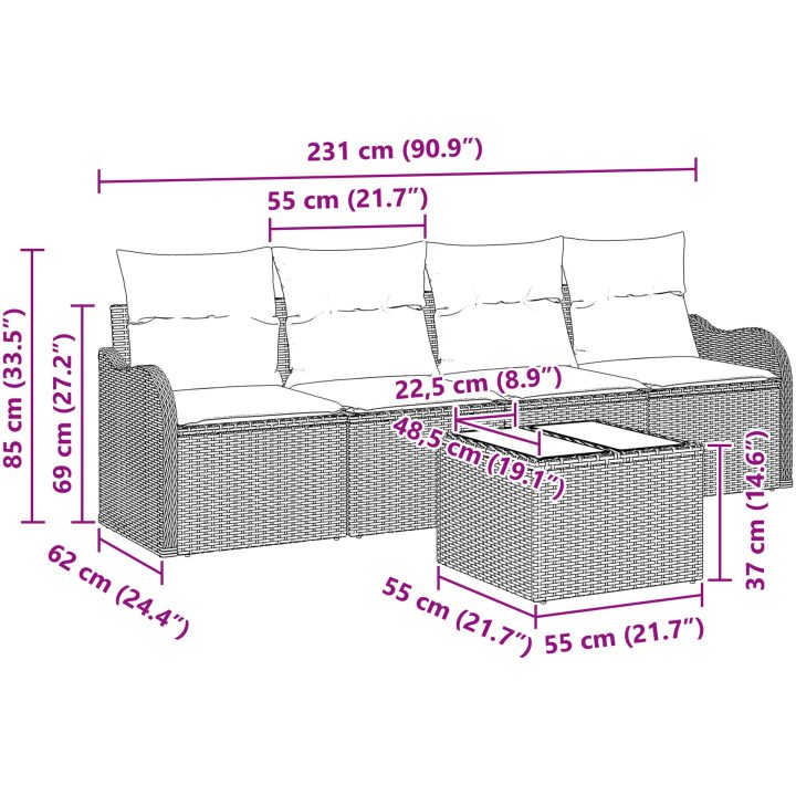 5 Delars Trädgårdssoffset med Kuddar Svart Poly Rattan vidaXL Stor – bild 11