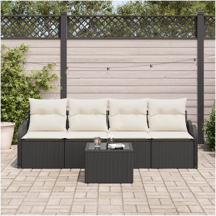 5 Delars Trädgårdssoffset med Kuddar Svart Poly Rattan vidaXL Stor – bild 3