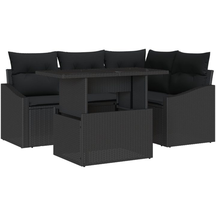 5-delars trädgårdssoffset med kuddar svart polyrotting vidaXL 100 x 55 x 73 cm – bild 2