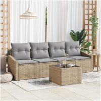 5-delars Utegrupp med Kuddar Beige Poly Rattan vidaXL