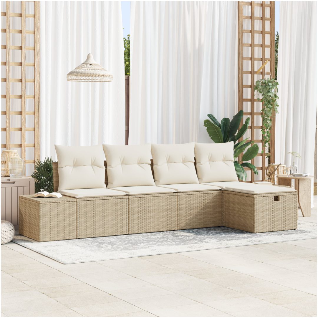 5-delars utesoffa med kuddar i beige polyrotting vidaXL 239 x 117 x 85 cm