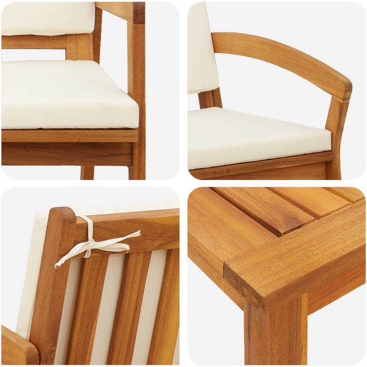 5-delat bistro-set med kuddar i solid akaciaträ vidaXL Stol, 59.5 x 70.5 x 72.5 cm, bord, 45 x 45 x 38 cm – bild 8