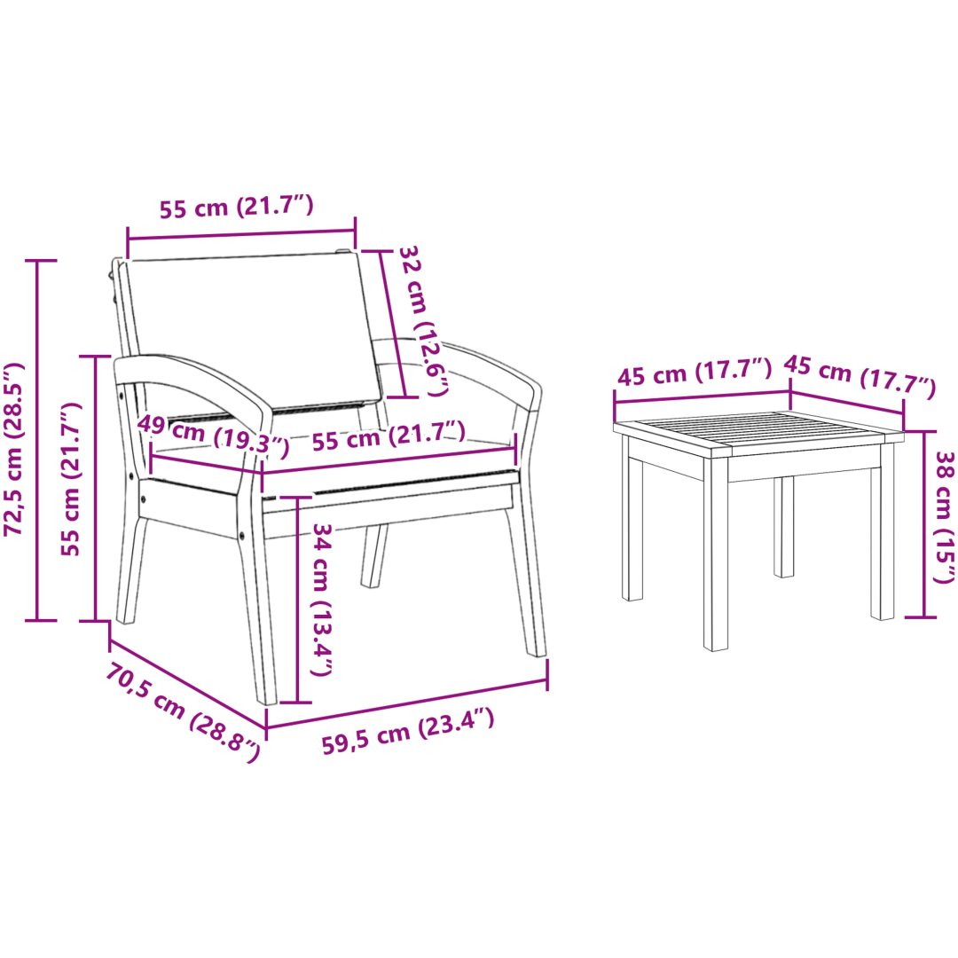 5-delat bistro-set med kuddar i solid akaciaträ vidaXL Stol, 59.5 x 70.5 x 72.5 cm, bord, 45 x 45 x 38 cm – bild 9