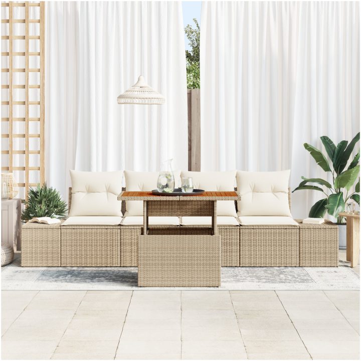 5-delat matbordsset för trädgården med kuddar i beige poly rattan och akacia vidaXL 100 x 55 x 73 cm – bild 3