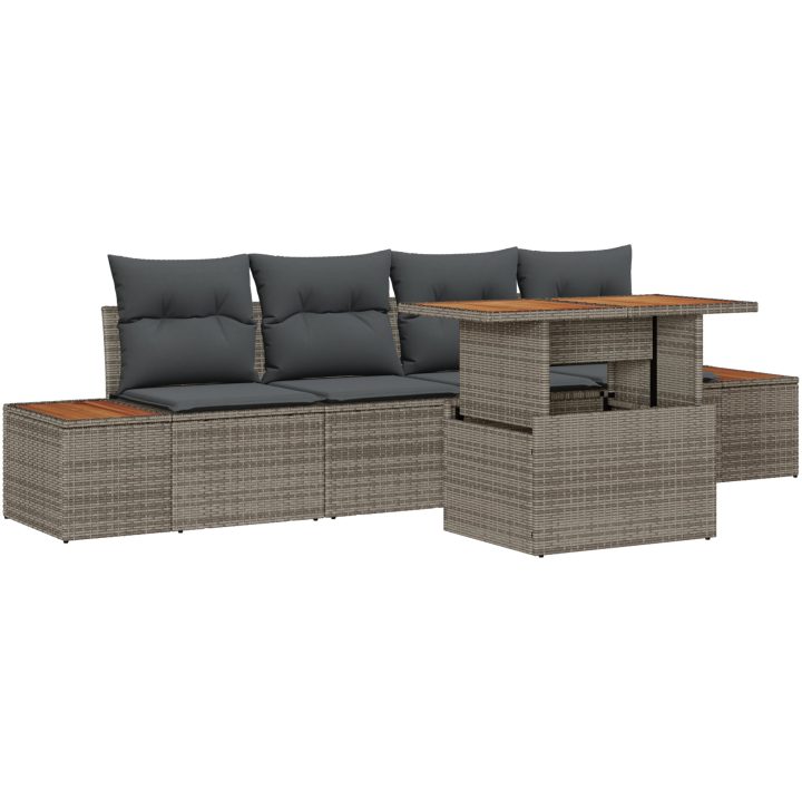 5-delat matgrupp set med kuddar i grå poly rattan och akacia vidaXL 100 x 55 x 73 cm – bild 2