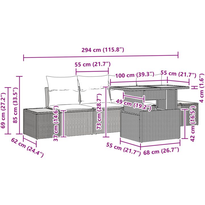5-delat matgrupp set med kuddar i grå poly rattan och akacia vidaXL 100 x 55 x 73 cm – bild 10