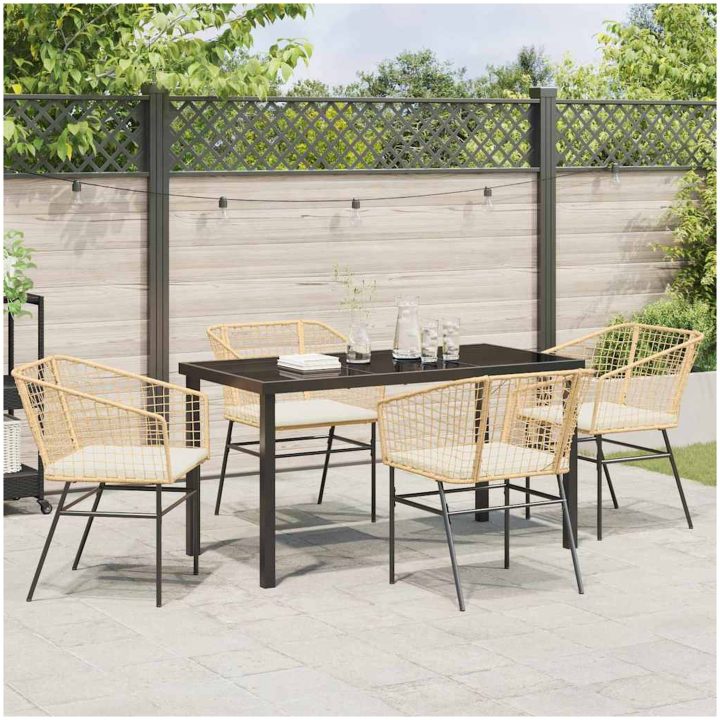 5-delat Set med Trädgårdsmatbord och Kuddar i Brun Poly Rattan. vidaXL 140 x 80 x 73 cm – bild 4