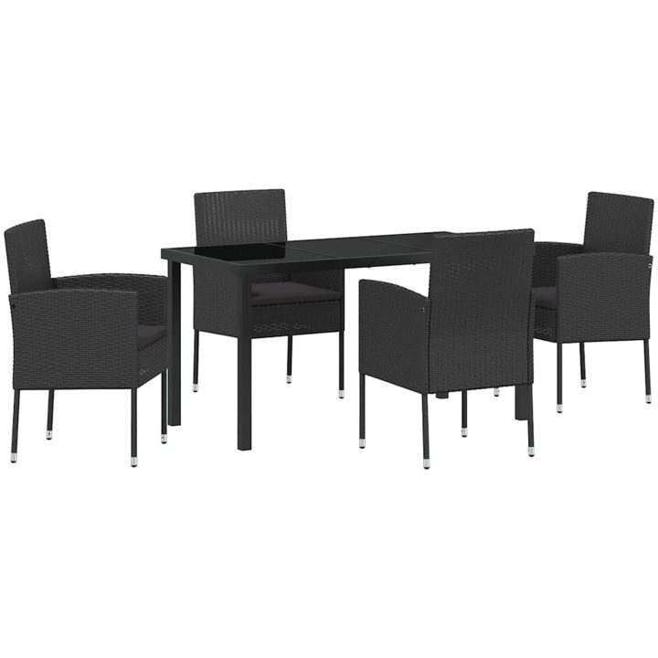 5-delat trädgårds matbord med dynor svart poly konstrotting vidaXL 140 x 70 x 73 cm – bild 2