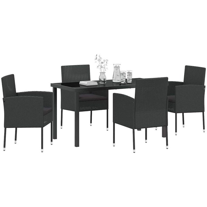 5-delat trädgårds matbord med dynor svart poly konstrotting vidaXL 140 x 70 x 73 cm – bild 3