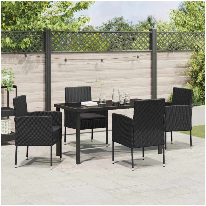 5-delat trädgårds matbord med dynor svart poly konstrotting vidaXL 140 x 70 x 73 cm – bild 4