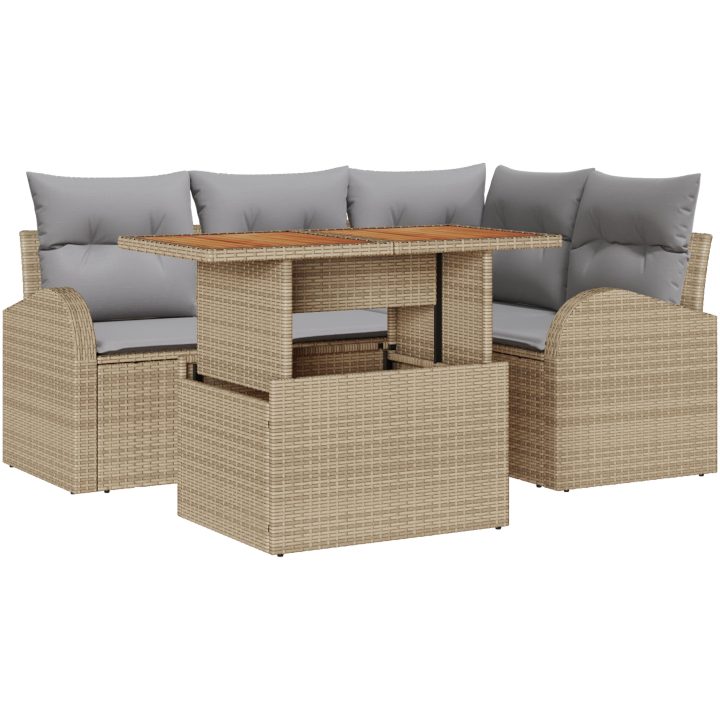 5-delat trädgårds-matbord med kuddar Beige Poly Rottning Akacia vidaXL 100 x 55 x 73 cm – bild 2