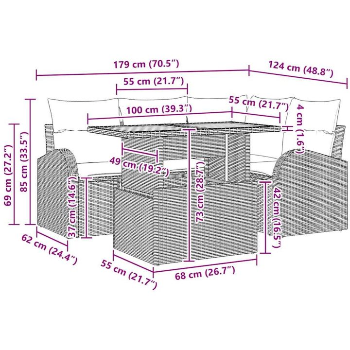 5-delat trädgårds-matbord med kuddar Beige Poly Rottning Akacia vidaXL 100 x 55 x 73 cm – bild 11