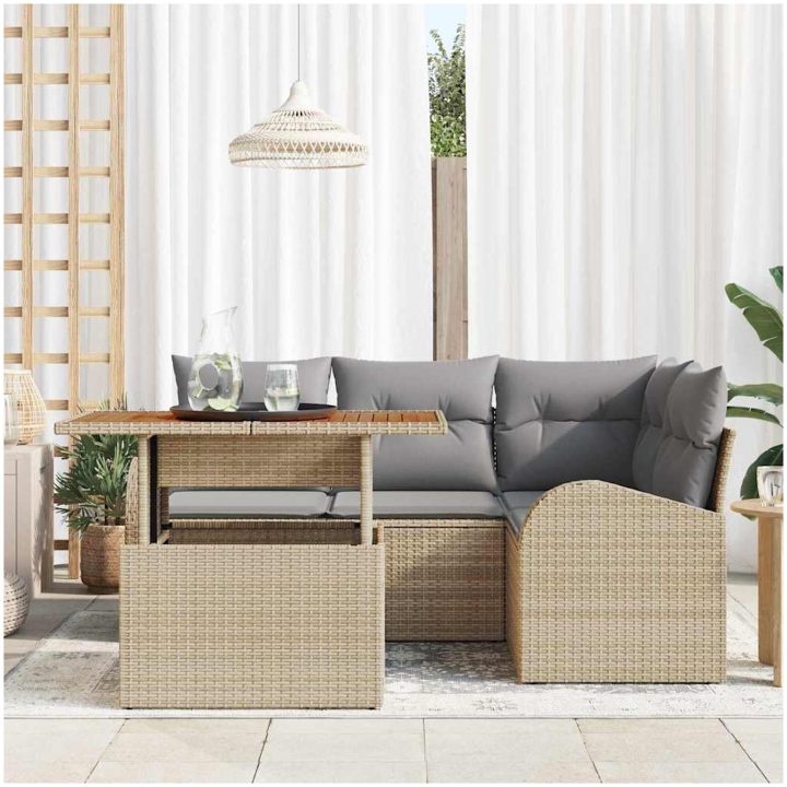 5-delat trädgårds-matbord med kuddar Beige Poly Rottning Akacia vidaXL 100 x 55 x 73 cm – bild 3