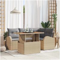 5-delat trädgårds-matbord med kuddar Beige Poly Rottning Akacia vidaXL