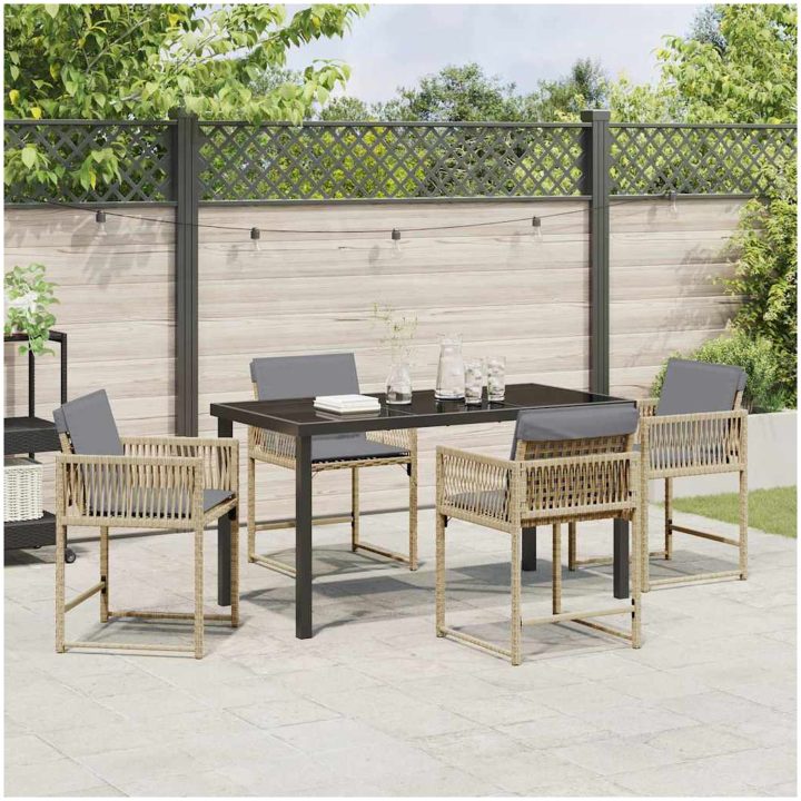 5-delat Trädgårds-Middagsset med kuddar, beige, poly rattan. vidaXL 140 x 80 x 73 cm – bild 4