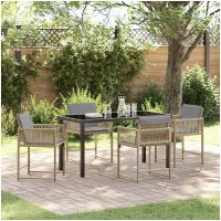 5-delat Trädgårds-Middagsset med kuddar, beige, poly rattan. vidaXL