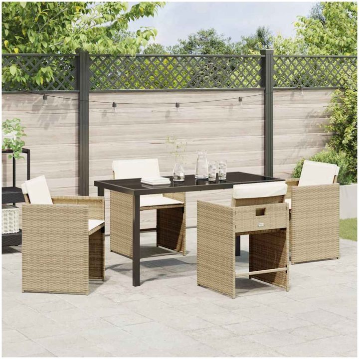 5-delat trädgårdsbord och stolar set med kuddar, beige PE-rattan vidaXL 140 x 70 x 73 cm – bild 4