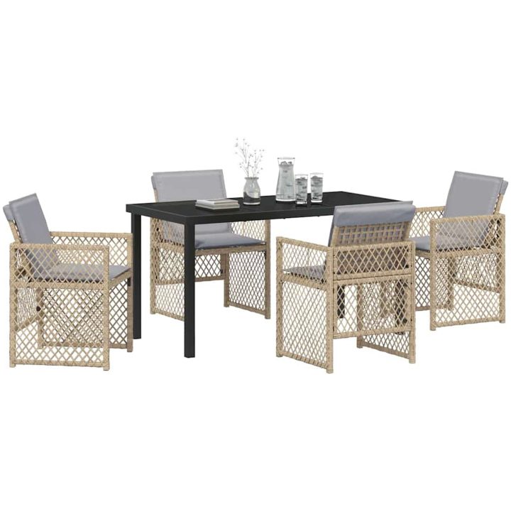 5-delat Trädgårdsdining-set med kuddar Beige Poly Rattan vidaXL 4 - Sits – bild 3