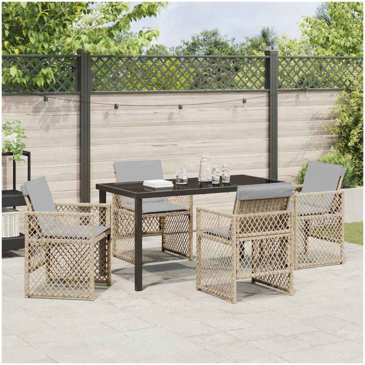 5-delat Trädgårdsdining-set med kuddar Beige Poly Rattan vidaXL 4 - Sits – bild 4