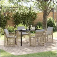 5-delat Trädgårdsdining-set med kuddar Beige Poly Rattan vidaXL