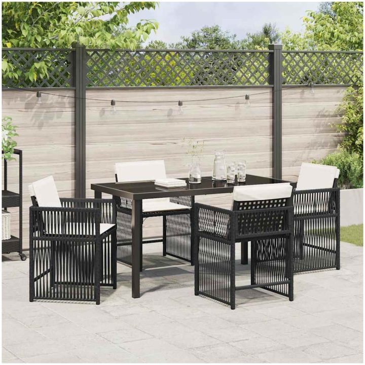5-delat trädgårdsdining-set med kuddar i svart polyrotting vidaXL 140 x 80 x 73 cm – bild 4