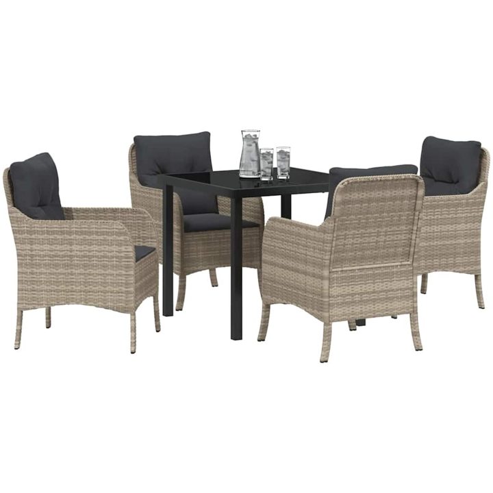 5-delat trädgårdsdining-set med kuddar Ljusgrå Poly Rattan vidaXL 80 x 80 x 73 cm – bild 3