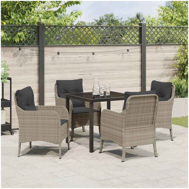5-delat trädgårdsdining-set med kuddar Ljusgrå Poly Rattan vidaXL 80 x 80 x 73 cm – bild 4