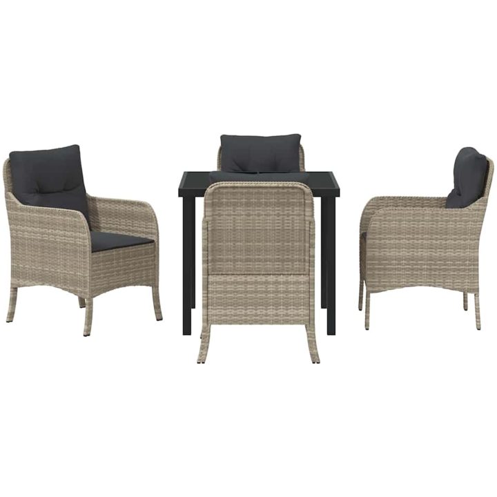 5-delat trädgårdsdining-set med kuddar Ljusgrå Poly Rattan vidaXL 80 x 80 x 73 cm – bild 7