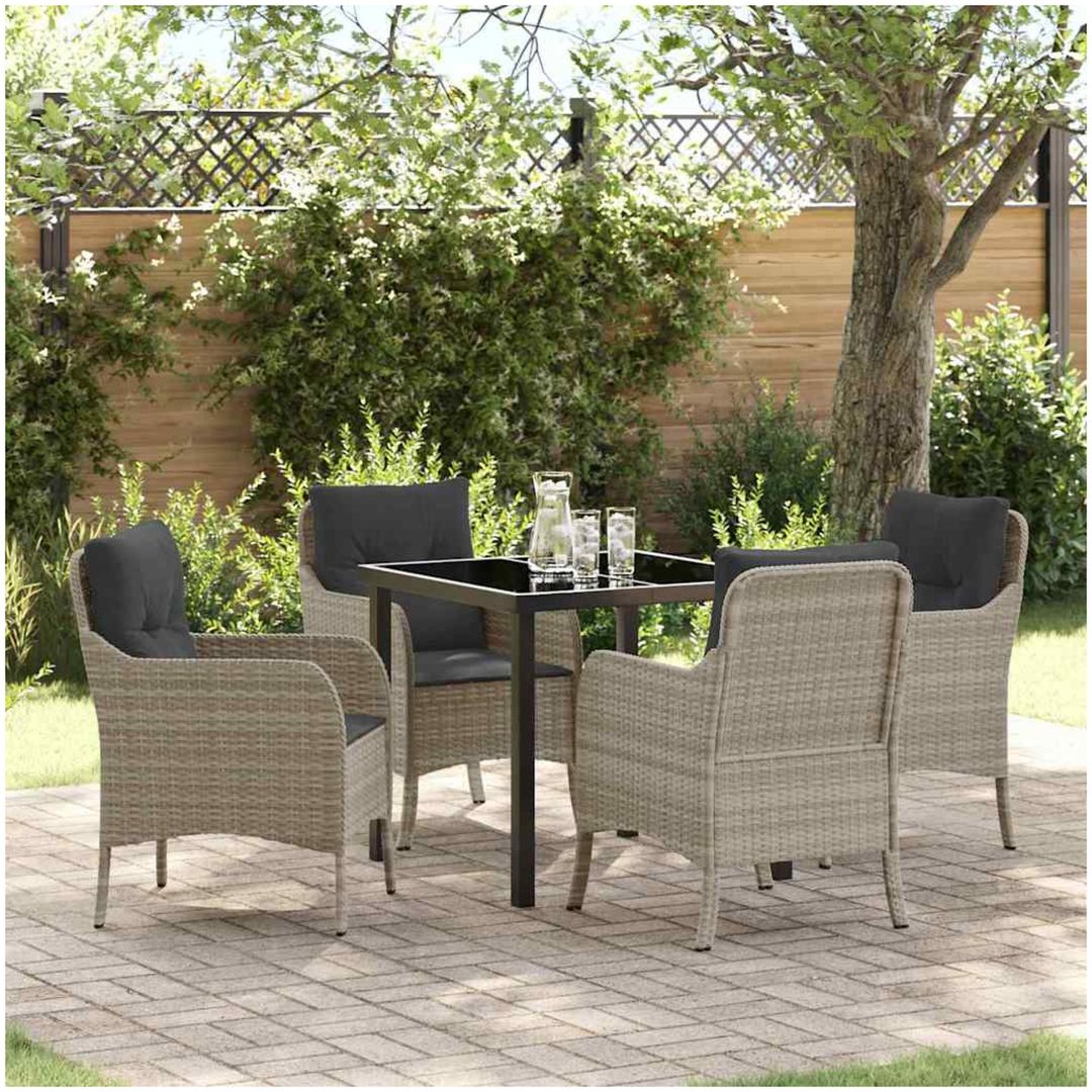 5-delat trädgårdsdining-set med kuddar Ljusgrå Poly Rattan vidaXL 80 x 80 x 73 cm