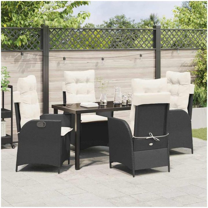 5-delat trädgårdsdining set med kuddar Svart Poly Rattan vidaXL 140 x 80 x 73 cm – bild 4