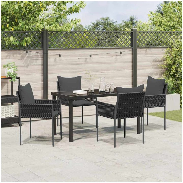 5-delat trädgårdsdining set med kuddar, svart polyrotting vidaXL 140 x 70 x 73 cm – bild 4