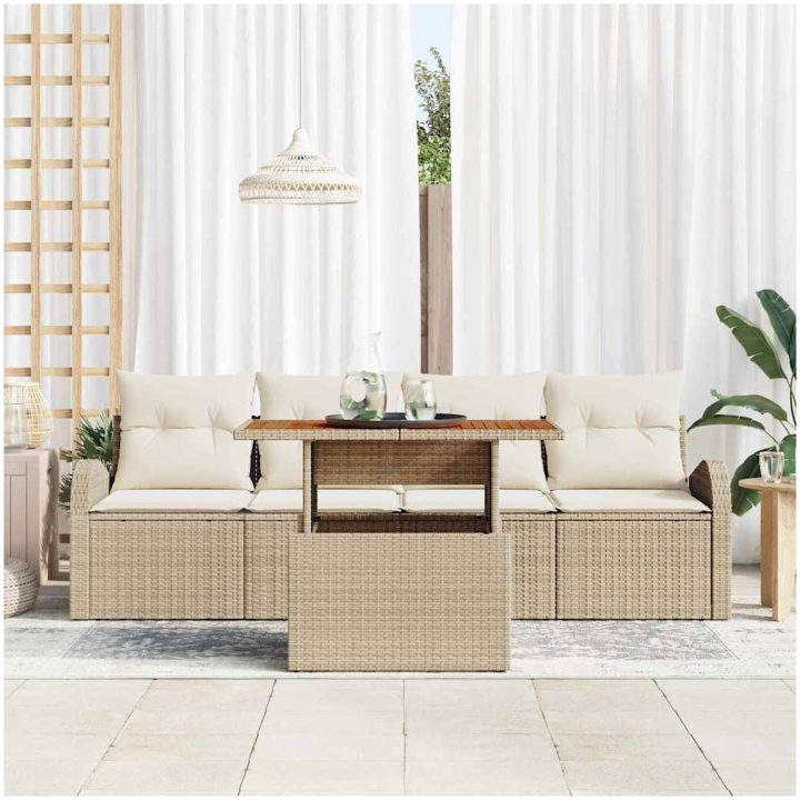 5-delat trädgårdsdiningset med kuddar beige poly rattan akacia vidaXL 100 x 55 x 73 cm – bild 3