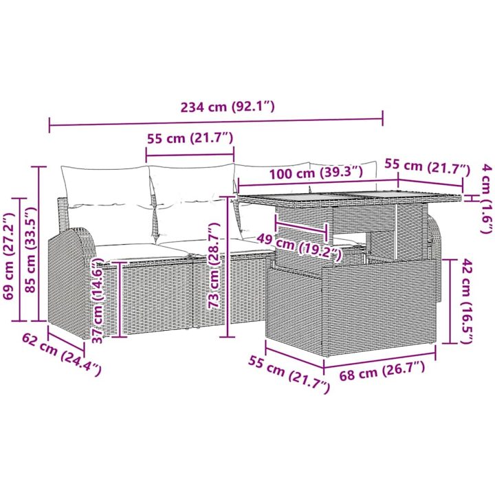 5-delat trädgårdsdiningset med kuddar beige poly rattan akacia vidaXL 100 x 55 x 73 cm – bild 9