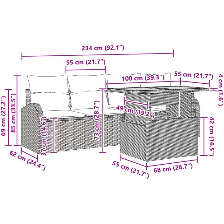 5-delat Trädgårdsmatmöblemang med Kuddar Beige Poly Rattan Akacia vidaXL 100 x 55 x 73 cm – bild 10