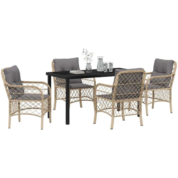 5-delat Trädgårdsmöbelset med Kuddar, Beige Poly Rattan vidaXL 140 x 70 x 73 cm – bild 3