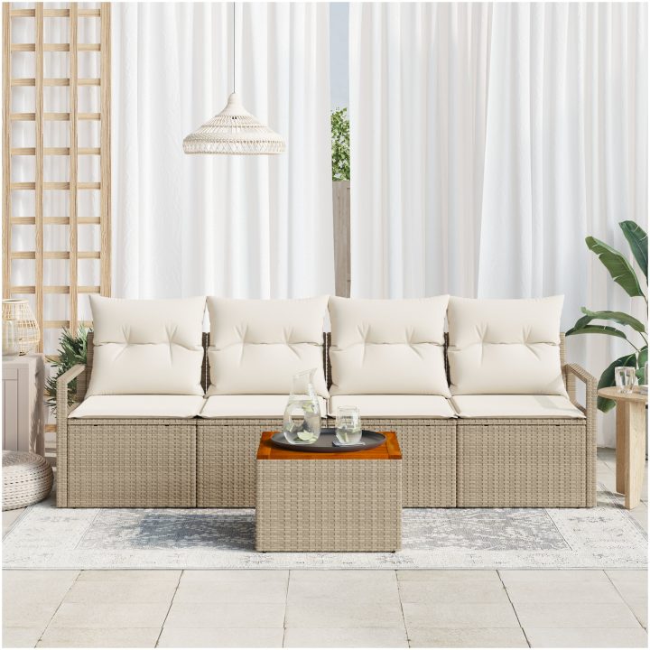 5-delat trädgårdsmöbelset med kuddar Beige Polyrotting Akacia vidaXL Medium – bild 3