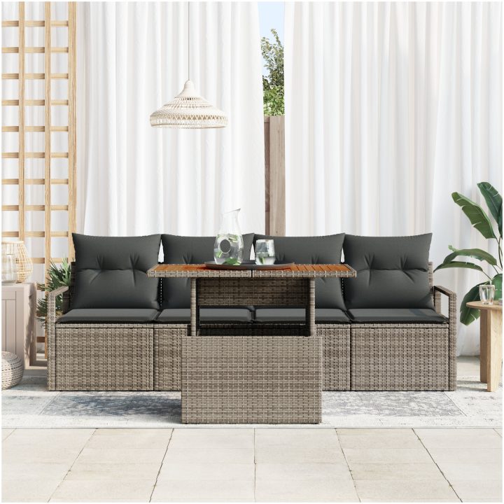5-delat Trädgårdsofa Set med Kuddar Grå Poly Rattan vidaXL Större – bild 3