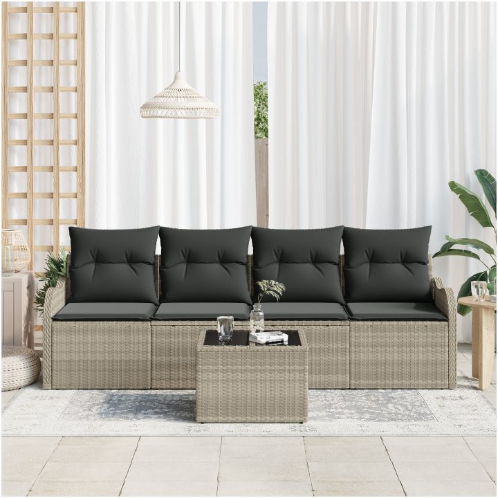5-delat trädgårdsofa-set med kuddar ljusgrå polyrotting vidaXL Stor – bild 3