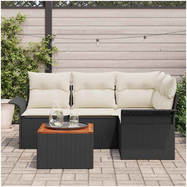 5-delat trädgårdsofa set med kuddar svart konstrotting akacia vidaXL 55 x 55 x 37 cm – bild 3