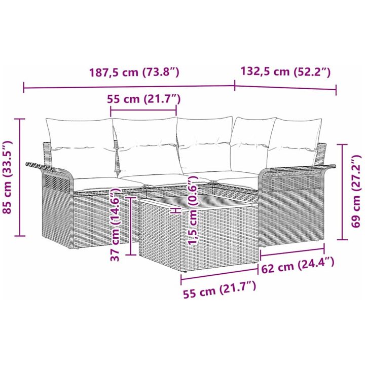 5-delat trädgårdsofa set med kuddar svart konstrotting akacia vidaXL 55 x 55 x 37 cm – bild 9