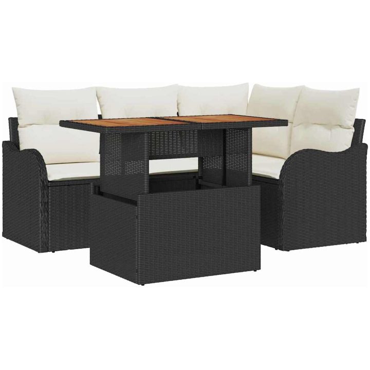 5-delat Trädgårdsofa Set med Kuddar Svart Poly Rattan Akacia vidaXL Stor – bild 2