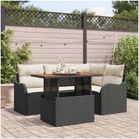 5-delat Trädgårdsofa Set med Kuddar Svart Poly Rattan Akacia vidaXL