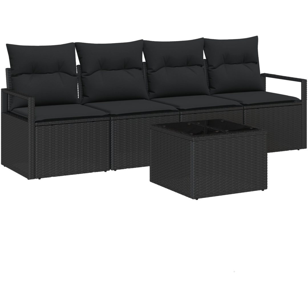 5-delat trädgårdsofa-set med kuddar svart polyrotting vidaXL Stor – bild 2