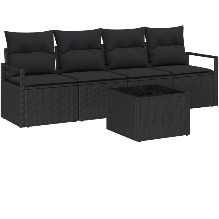5-delat trädgårdsofa-set med kuddar svart polyrotting vidaXL Stor – bild 2
