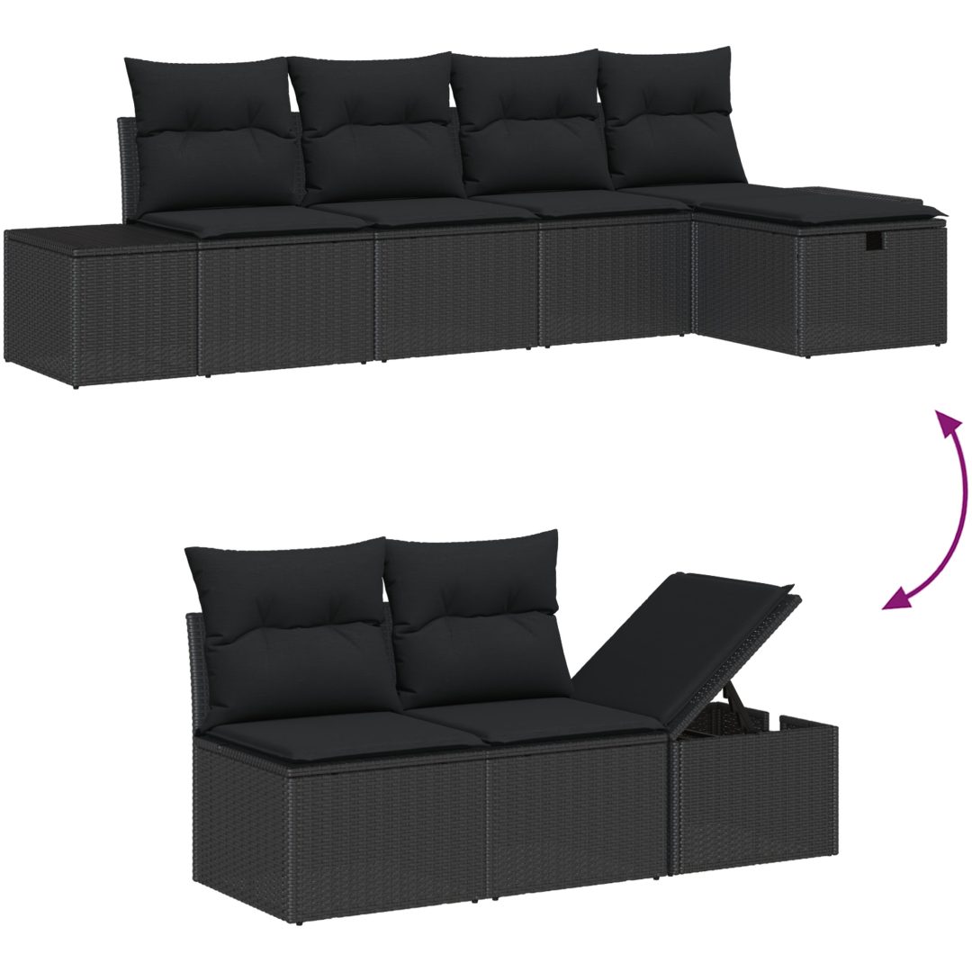 5-delat trädgårdsofaset med kuddar svart poly-rotting vidaXL 55 x 62 x 69 cm – bild 7