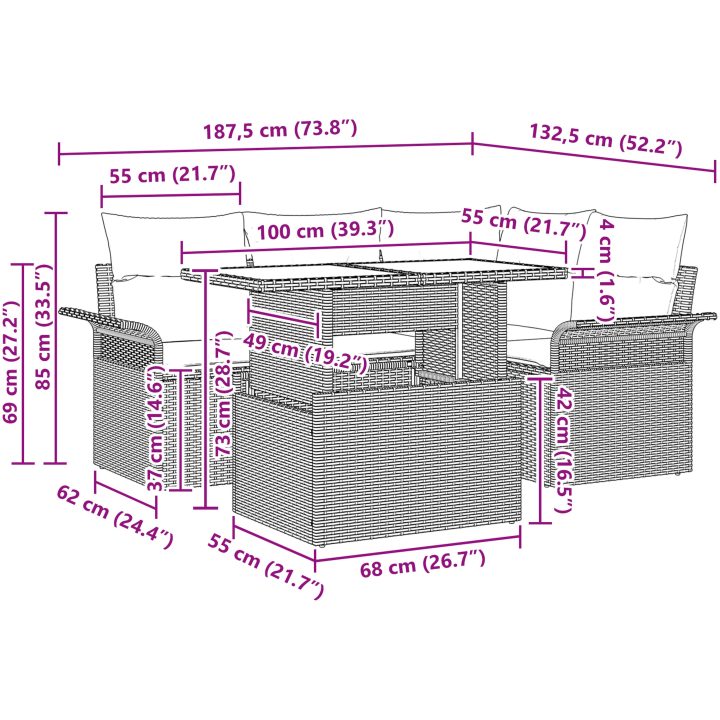 5-delat Trädgårdsoff-set med Kuddar Beige Poly-Rottning vidaXL 100 x 55 x 73 cm – bild 11