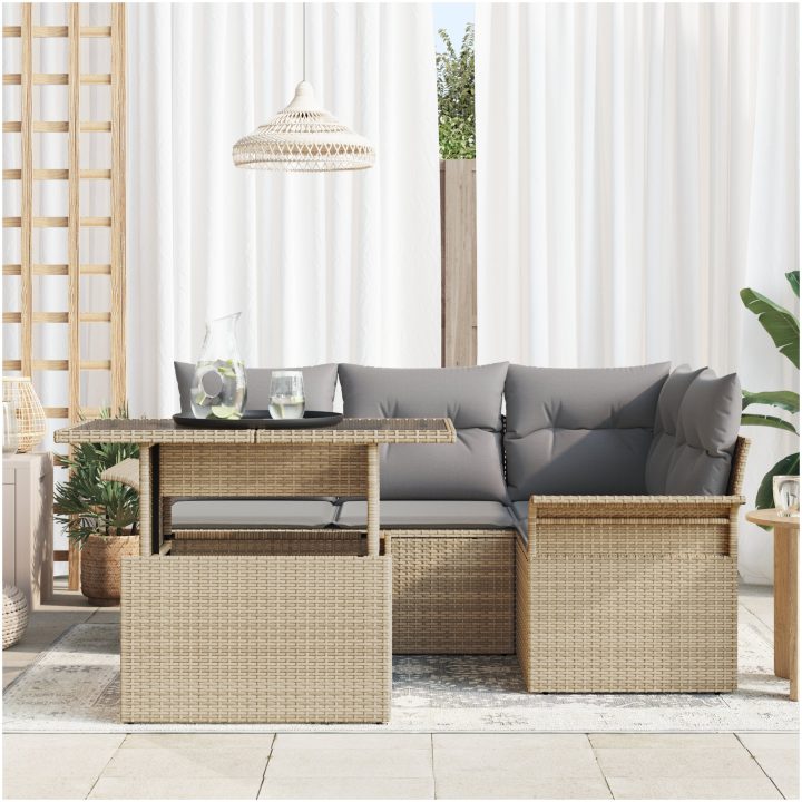 5-delat Trädgårdsoff-set med Kuddar Beige Poly-Rottning vidaXL 100 x 55 x 73 cm – bild 3
