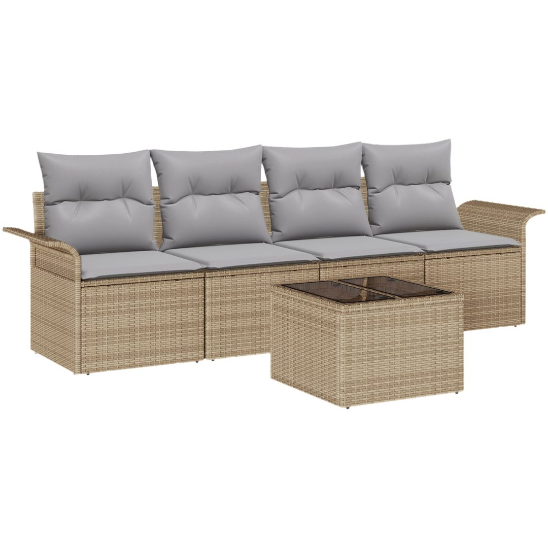 5-delat trädgårdsoff set med kuddar - Beigefärgad polyrotting vidaXL 55 x 55 x 37 cm – bild 2