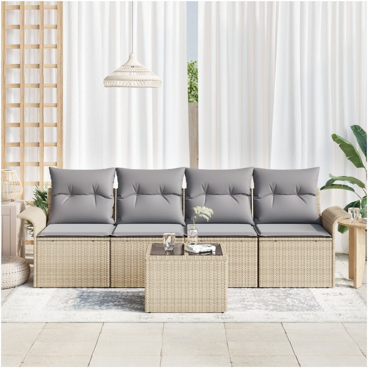 5-delat trädgårdsoff set med kuddar - Beigefärgad polyrotting vidaXL 55 x 55 x 37 cm – bild 3