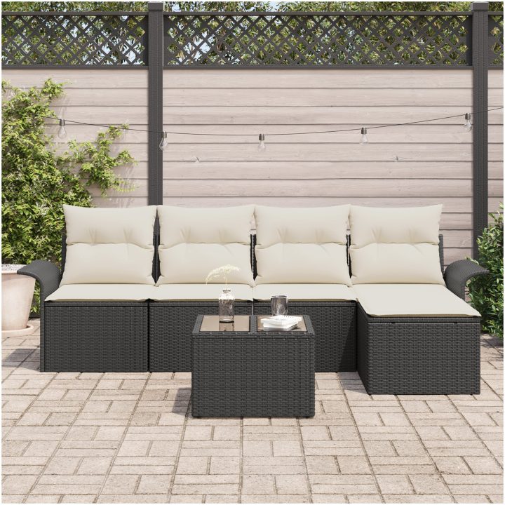 5-delat trädgårdsoff-set med kuddar brun poly rattan vidaXL Större – bild 3
